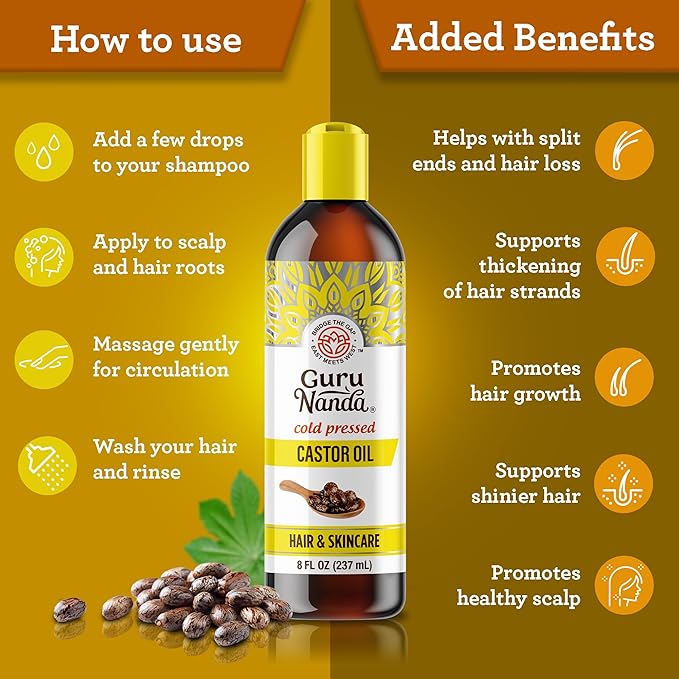 GuruNanda Castor Oil (8 Fl oz), 100% Pure & Natural - Cold Pressed & Hexane-Free, Hydrating Carrier Oil for Skin, Hair, Eyebrows & Eyelashes Growth