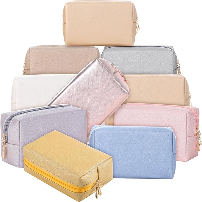 Sanwuta 9 Pcs Makeup Bags Bulk PU Double Zippers Cosmetic Bag Makeup Toiletry Christmas Small Pouch Portable Travel Organizers Case for Women Bridesmaid Party End of The Year(Pearl Color)