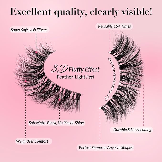 Eyelashes Natural Look False Lashes - Bepholan Fake Eyelashes 5D Super Fluffy False Eyelashes Black Band Wispy Lashes 3-Pack Faux Mink Lashes(XMZ91)