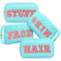 Remerry 4 PCS Nylon Cosmetic Bags Waterproof Spacious Travel Makeup Organizer for Women Chenille Letter Preppy Zipper Pouch Face Stuff Skin Hair Organizer Gift(Light Blue)