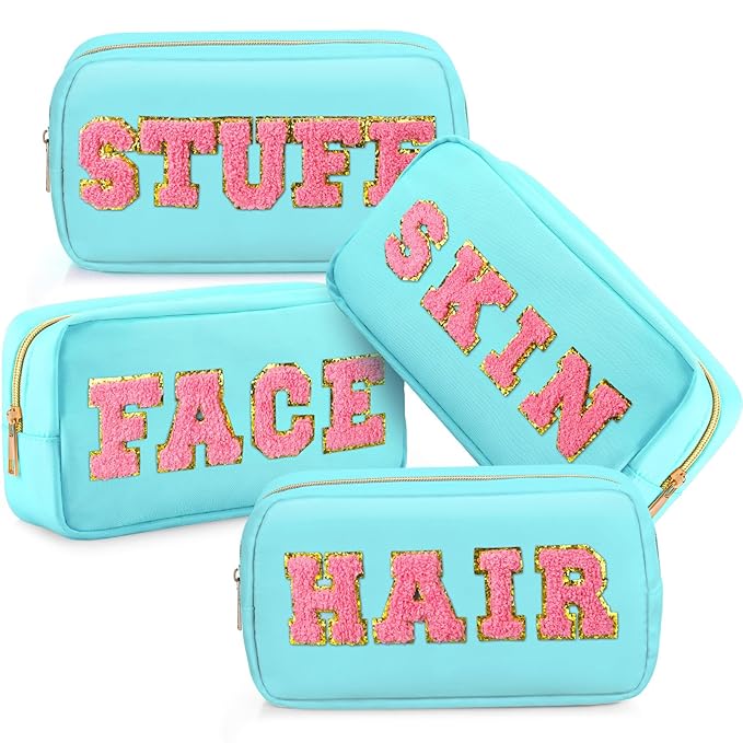 Remerry 4 PCS Nylon Cosmetic Bags Waterproof Spacious Travel Makeup Organizer for Women Chenille Letter Preppy Zipper Pouch Face Stuff Skin Hair Organizer Gift(Light Blue)