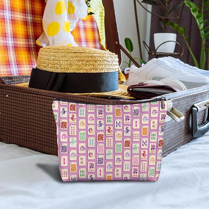 Pink And Cute Mahjong Tiles Makeup Bag, Mahjong Gifts for Women Cosmetic Bags, Gifts for Mah Jong Players Lovers Makeup Zipper Pouch