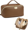 Telena Leather Make Up Bag Portable Travel Makeup Bag Waterproof Cosmetic Bags for Women Large Capacity With Handle and Divider Open Flat