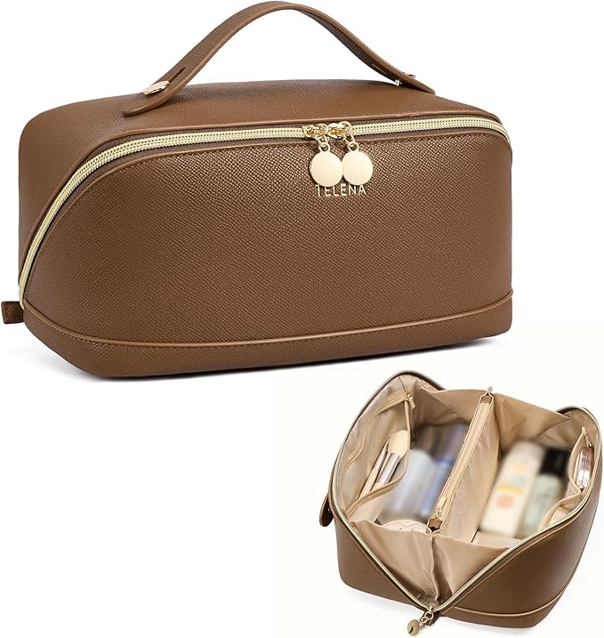 Telena Leather Make Up Bag Portable Travel Makeup Bag Waterproof Cosmetic Bags for Women Large Capacity With Handle and Divider Open Flat