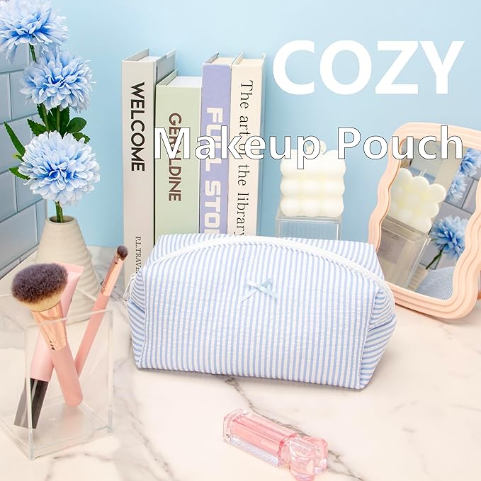 PAZIMIIK 2PCS Cozy Makeup Bag Travel Cosmetic Bag for Women Soft Toiletry Bag Aesthetic Makeup Organizer Portable Large Zipper Pouch for Skincare Beauty Accessories Brushes Stripe Blue