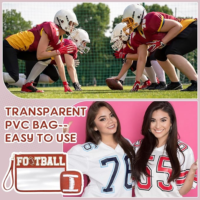Hillban 2 Pcs Football Girl Gifts Makeup Cosmetic Bags Toiletry Pouch Sports Goody Bags Chenille Letter Clear Zipper Pouch Football Accessories for Women Travel Stuff Portable Storage Case
