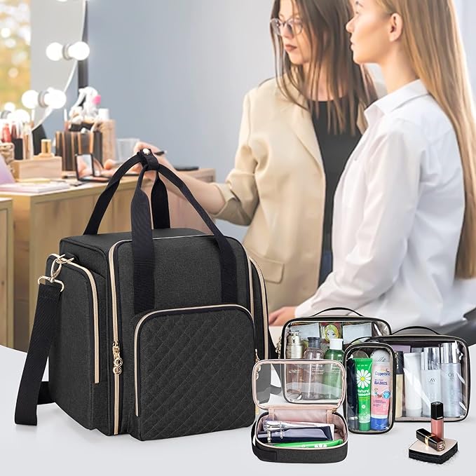 LUXJA Travel Makeup Bag with 4 Inner Removable Cases, Large Cosmetic Bag with Multiple Storage Sections (Patent Design, Bag Only), Black