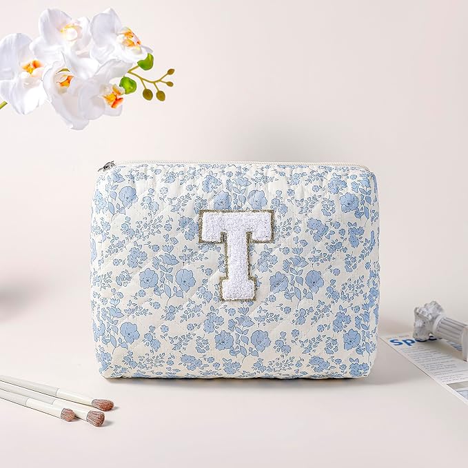 JOVAKIT Alphabet Makeup Bag Cosmetic Bag for Women, Christmas Gifts for Girls Age 6-18, Floral Flowers Coquette Travel Toiletry Zipper Make Up Pouch Organizer Trendy Stuff (2Pcs Blue Floral T)