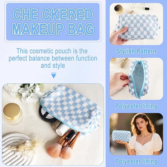 ZLFSRQ 6Pcs Checkered Pencil Case Cute Pencil Pouch for Teens Checkered Makeup Bag Blue Medium Travel Cosmetic Bag Makeup Pouch for Purse Aesthetic Trendy Zipper Toiletry Bags Organizer