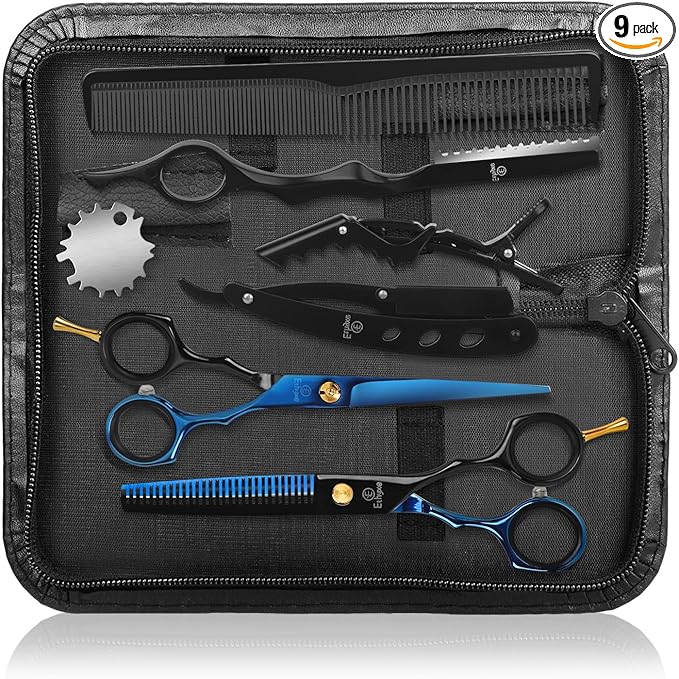 Hair Cutting Shears Sets - Professional 9 PCS Haircut Scissors Kit with 6.5" Thinning/Texturizing Scissors (29 Teeth) and Straight Shears for Men Women Home Salon (Black & Blue)