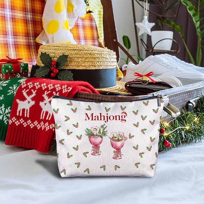 Christmas Mahjong Cocktail Makeup Bag, Mahjong Lover Player Gifts Cosmetic Bags for Women, Gifts for Cocktail Lovers, Christmas Holly Berry Mah Jong Makeup Zipper Pouch