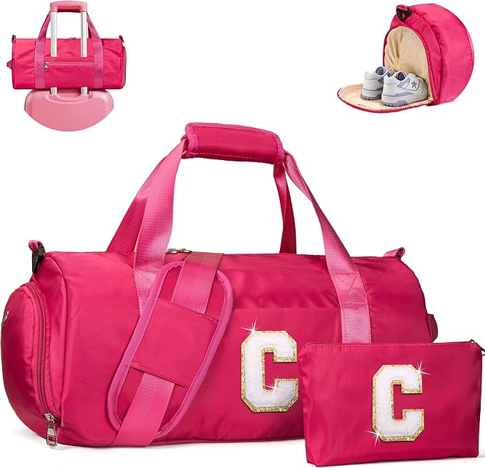 Gifts for Sporty Girl, Girls Travel Duffel Bag, Kids Initial Overnight Bags with Shoe Compartment, Customized Sport Gym Weekender Bag with Makeup Pouch, Birthday Gift for Sister (Letter C)