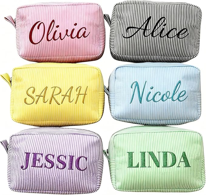 Personalized Makeup Bag with Embroidered Name,Custom Travel Toiletry Stripe Cosmetic Bag, Wedding Gift for Bridesmaid/Women/Girl