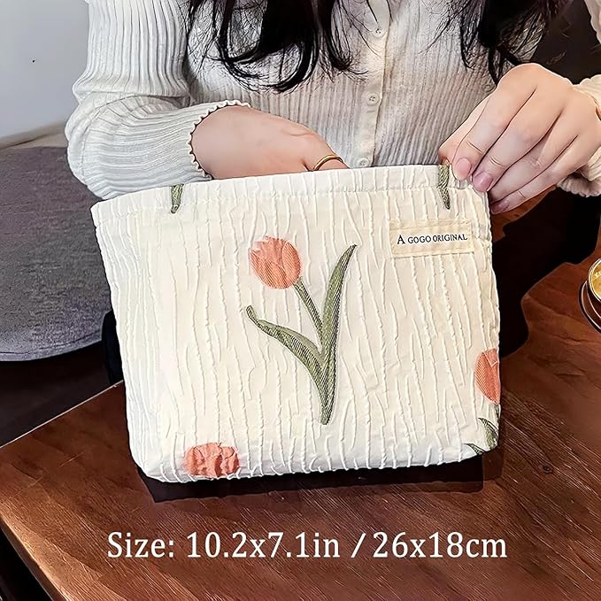STARDW Aesthetic Floral Makeup Bag Cute Small Cosmetic Bags for Women Girls, Travel Toiletry Bag Large Capacity Zipper Makeup Pouch, Purse Organizer Pouches (Tulip White)