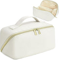 for Christmas Day Gifts, Makeup Bag for Women, PU Leather Travel Toiletry Bags, Initial Make Up Cosmetic Pouch for Teen Girls, Wide Open Portable Skincare Bag, Personalized Birthday Gifts, White