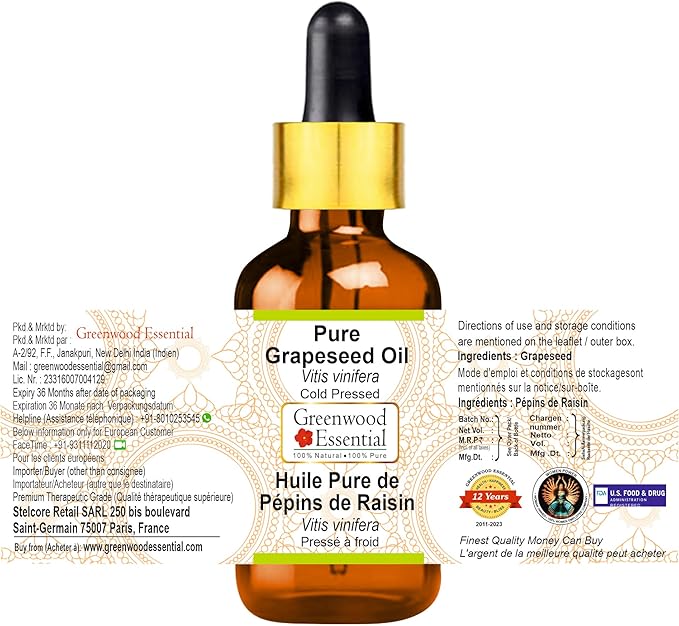 Greenwood Essential Pure Grapeseed Oil (Vitis vinifera) with Glass Dropper 100% Natural Therapeutic Grade Cold Pressed for Personal Care 15ml (0.50 oz)