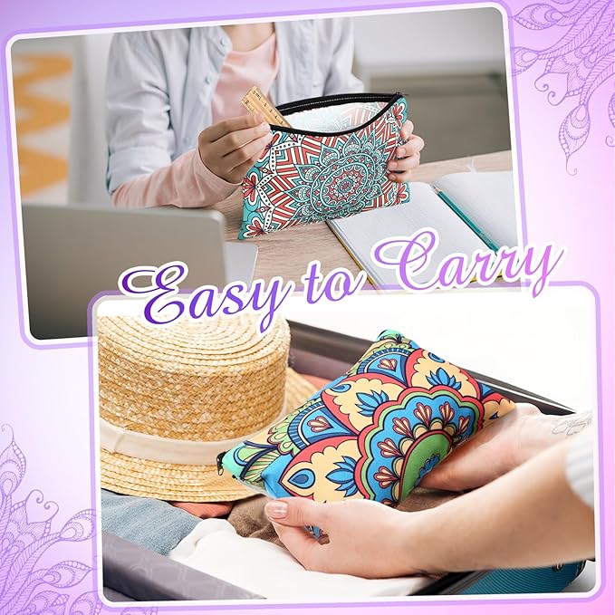 Hillban 36 Pcs Mandala Makeup Bags Bohemian Cosmetic Bags for Women Mandala Flowers Travel Toiletry Pouch with Zipper Portable Organizer Pouch for Cosmetics Makeup Brushes, 12 Styles