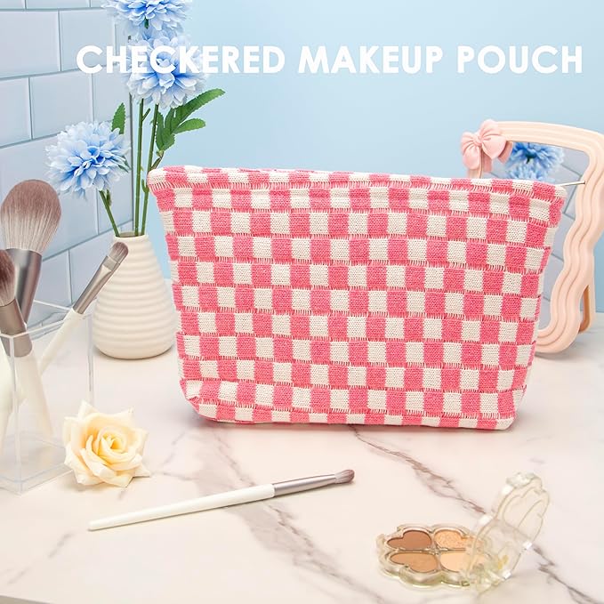 Knitted Checkered Makeup Bag Large Zipper Make Up Accessory Pouch for Purse Cosmetic Brush Bag for Travel Essential Pink White