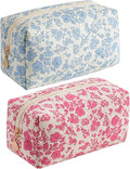 JOVAKIT Square Makeup Bag Cute Cosmetic Bag for Women, Floral Coquette Aesthetic Toiletry Bag, Zipper Make Up Pouch, Travel Make Up Organizer Bag (Blue+Bright Red Floral)
