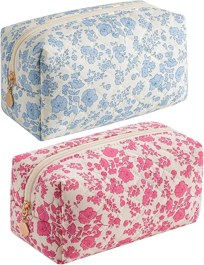 JOVAKIT Square Makeup Bag Cute Cosmetic Bag for Women, Floral Coquette Aesthetic Toiletry Bag, Zipper Make Up Pouch, Travel Make Up Organizer Bag (Blue+Bright Red Floral)