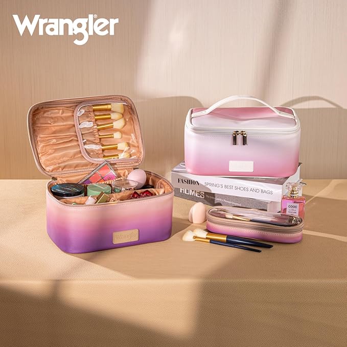 Montana West X Wrangler Travel Makeup Bag 2pcs Set Large Cosmetic Bag with Makeup Brush Holder Portable Make Up Organizer Cute Toiletry Bag with Divider and Handle for Women Gradient
