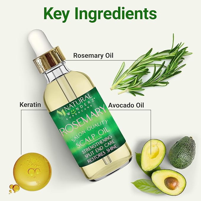 Natural Wunderz Rosemary Hair Oil, Supports Hair Growth, Thickening Serum and Strengthening Split End Case for Dry and Damaged Hair, Sulfate Free and Vegan Friendly, 4 Fl Oz