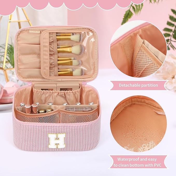 OCHEAL Makeup Bag for Women, Monogram Cosmetic Bag with Brush Holder, Pink Travel Makeup Case Beauty Toiletry Bag Organizer Personalized Gifts for Girls Bridesmaid, Sister, Wife, Friends Initial H
