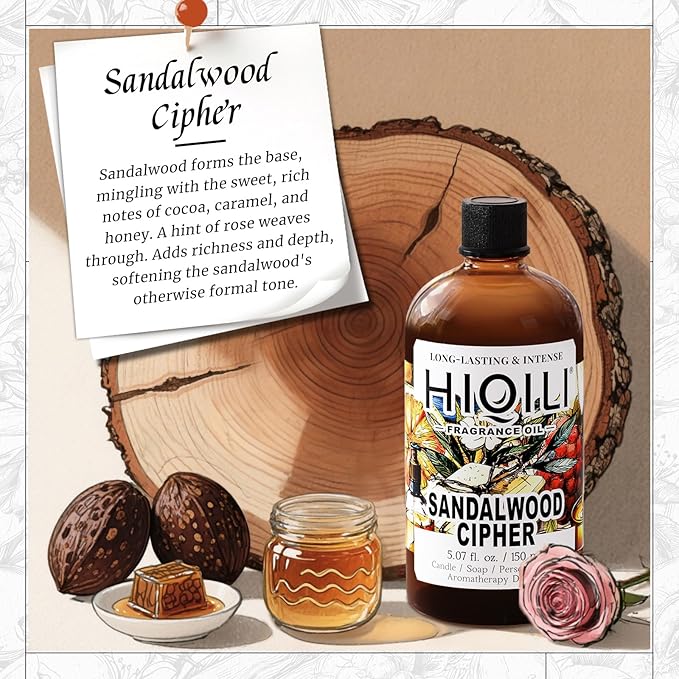 HIQILI Sandalwood Cipher Fragrance Oil for Diffuser, Candle & Soap, Perfume & Body Oil Making- Have Gourmand Notes, Long-Lasting - 5.07 Fl Oz