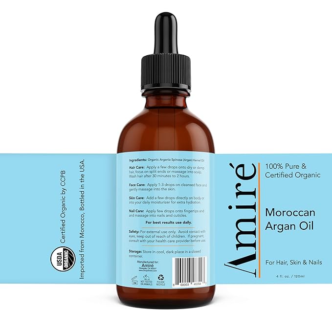 USDA Certified Organic Argan Oil 4oz, Triple Extra Virgin Grade Moroccan Argan Oil for Hair Growth. Skin, Face, & Nails. Moisturizer. Scalp Treatment Hair Oil for Dry, Damaged, Brittle Hair.