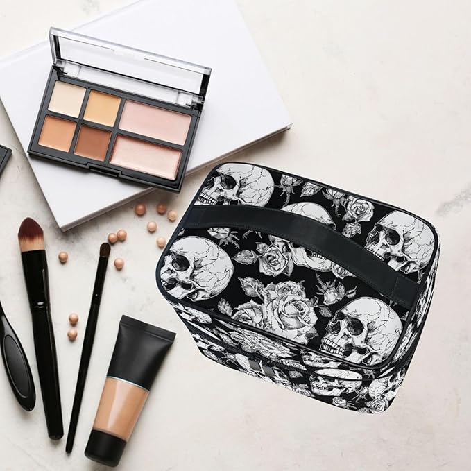 MNSRUU Makeup Bags, Gothic Skulls and Flowers Makeup Organizer Bags Toiletry Bag Box Travel Cosmetic Bag Make Up Train Case for Women Teen Girl Ladies