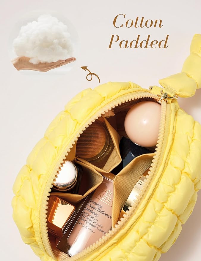 Yarnic Quilted Makeup Bag Cosmetic Bag, Travel Toiletry Bag for Women, Cute Makeup Bag Organizer Puffer Makeup Pouch (Yellow, S)