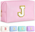 TOPEAST Birthday Gifts for Girls, Travel Makeup Bag Chenille Letter Pouch Cosmetic Bag, Makeup Travel Organizer, Monogrammed Bridesmaid Gifts for Women, Cute Stuff for Girls (Pink J)