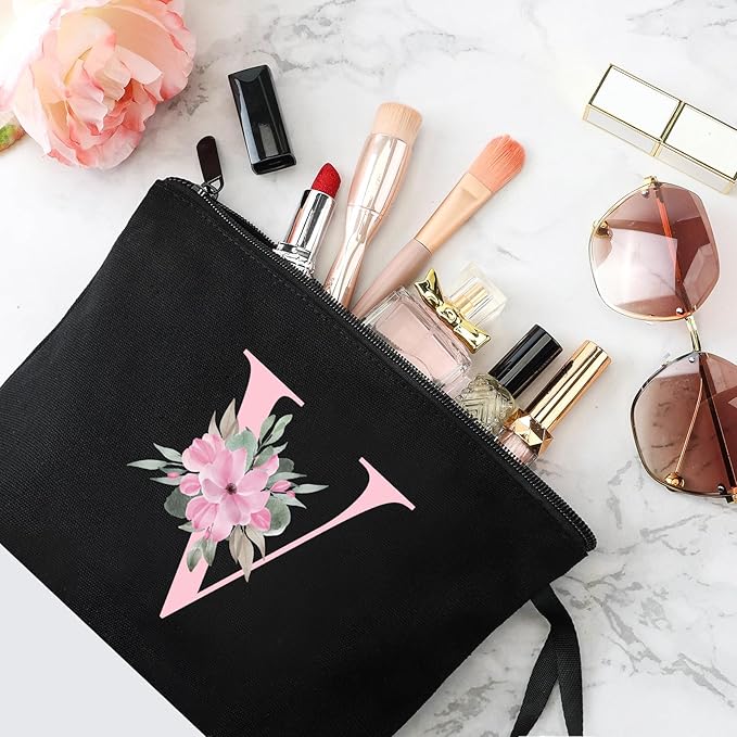 Vavabox A-Z Personalized Makeup Bag, Birthday Gifts for Women Mom, Gifts for Best Friend, Bride Bridesmaid Cosmetic bag (V, Black)