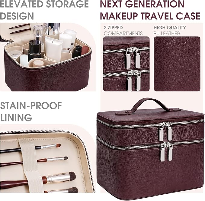 Makeup Case, Large Capacity Waterproof Double Layer Cosmetic Bag with Removable Divider, Double Compartment Brush Organizer, Multi-functional Travel Organizer