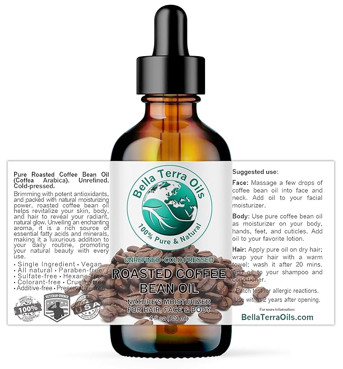 Bella Terra Oils - Roasted Coffee Bean Oil 4 oz - Dive into The Heart of Coffee Extract, Boosted with Essential Fatty Acids, A Luxurious Experience