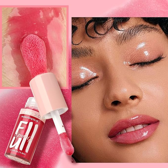 Anglicolor 2PC Lip Oil and Metallic Glitter Pink Lipstick,Natural Lip Plumper,Fruit Flavoured Lip Oil,For Dry Lip's Moisturizing Hydrating,Vegan & Cruelty-free (03 Aphrodite+15)
