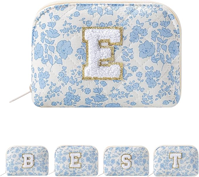 JOVAKIT Conch Alphabet Makeup Bag Cosmetic Bag for Women, Christmas Gifts for Women Girls, Blue Floral Coquette Travel Bag, Zipper Make Up Pouch Organizer Trendy Stuff (Blue Floral E)