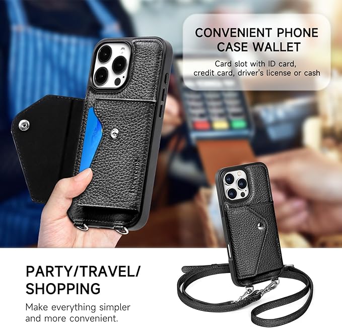 LUCKYCOIN Crossbody Wallet Phone Case for iPhone 16 Pro Max,100% Genuine Leather Wallet Phone Case with Expandable Flip Card Holder,Phone Purse for Women with Adjustable Removable Strap - Pebble Black