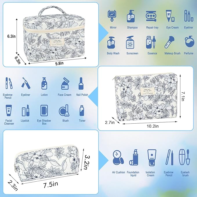 3Pcs Cotton Quilted Makeup Bag for Women Girls Large Small Travel Black Floral Cosmetic Bags Set Cute Coquette Makeup Pouch for Purse Aesthetic Cloth Flower Storage Toiletry Bag Organizer