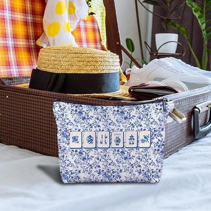 Blue and White Chinoiserie Mahjong Makeup Bag, Mahjong Gifts for Women Cosmetic Bags, Gifts for Mah Jong Players Lovers Makeup Zipper Pouch