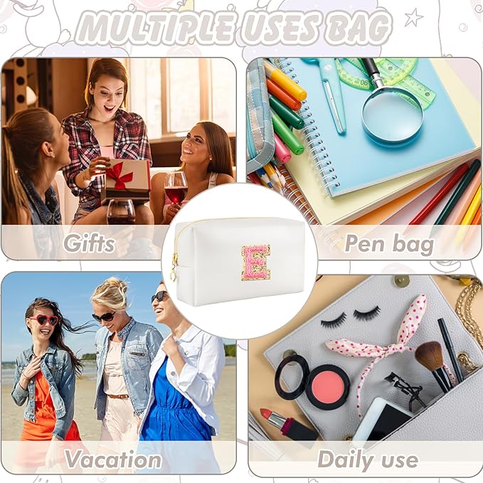 Initial Makeup Bag Personalized Preppy Travel Small Cosmetic Bag Cute PU White Chenille Letter Makeup Pouch for Purse Waterproof Zippered Toiletry Organizer for Women Girls Kids Friends (E)