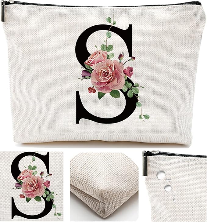 Initial A-Z Personalized Letter Makeup Bag, Monogrammed Bridesmaid Gifts/Presents Cosmetic Bag, Portable Stationery Storage Organizer Pouch, Friendship Love Travel Makeup Bags