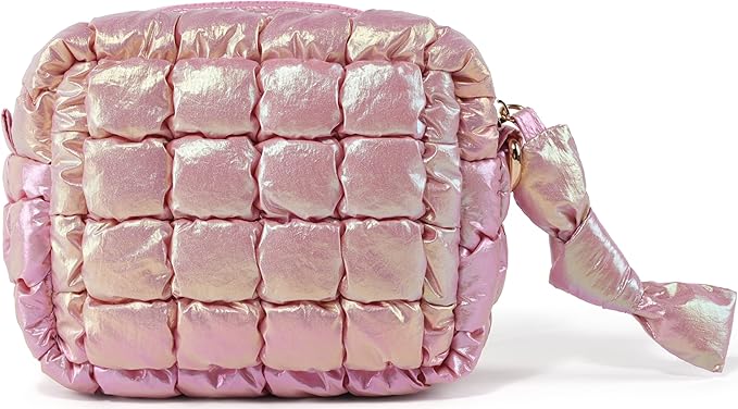 Yarnic Quilted Makeup Bag Cosmetic Bag, Travel Toiletry Bag for Women, Cute Makeup Bag Organizer Puffer Makeup Pouch (Iridescent Pink, S)