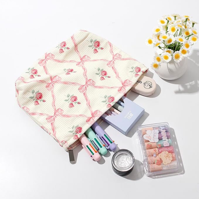 Cosmetic Bags for Women - Corduroy Cosmetic Bag Aesthetic Women Handbags Purses Smile Dots Makeup Organizer Storage Makeup Bag Girls Case Bags (Flowers-Pink strawberry)