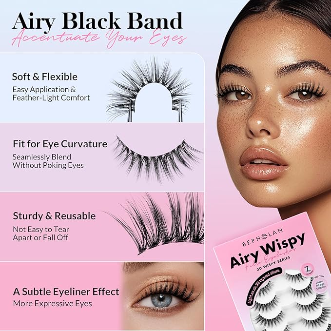 Bepholan False Eyelashes 7 Pairs Strip Eye Lash Natural Look Wispy Lashes Reusable Thin Clear Band & Soft Fake Lashes（W06）
