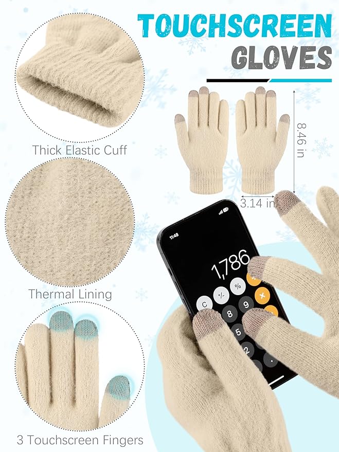 Winter Beanie Hat Scarf Gloves, Warm Fleece Knit Hat Long Scarf Neck Warmer Touch Screen Winter Gloves Set Gifts for Women