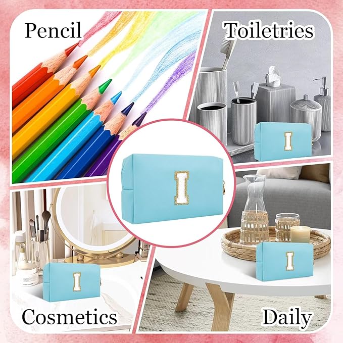 Small Personalized Letter Makeup Bag, Cute PU Leather Chenille Letters Cosmetic Bag Travel Makeup Pouch, Preppy Travel Organizer Zipper Pouch for Women&Girls（Blue-I）