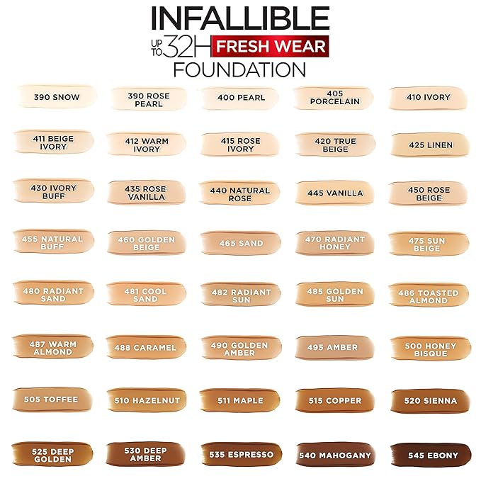 L'Oreal Paris Makeup Infallible Up to 32 Hour Fresh Wear Lightweight Foundation, 435 Rose Vanilla, 1 Fl Oz, Packaging May Vary