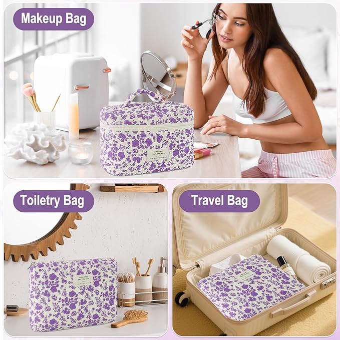 3Pcs Cotton Quilted Makeup Bag for Women Girls Large Small Travel Portable Cosmetic Bag Set Cute Purple Floral Zipper Make Up Pouch Coquette Aesthetic Storage Toiletry Organizer Case