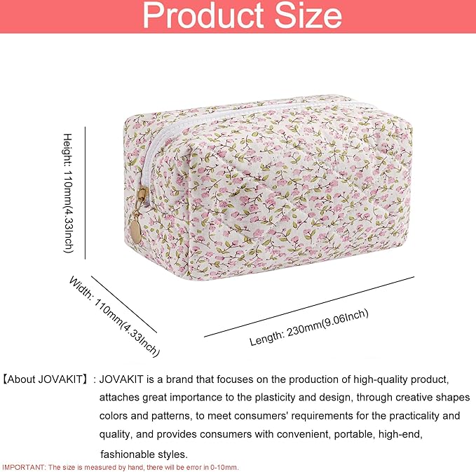 JOVAKIT Square Makeup Bag Cute Cosmetic Bag for Women, Floral Coquette Aesthetic Toiletry Bag, Zipper Make Up Pouch, Travel Make Up Organizer Bag (Pink Small Floral)